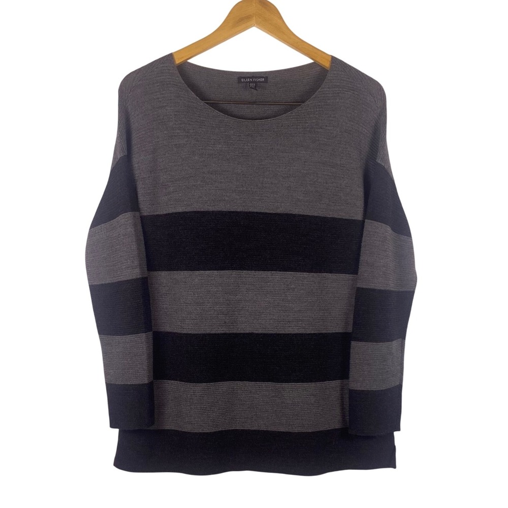 Eileen Fisher Striped Merino Wool Sweater XS Gray Black‎ Crew Neck Long Sleeve